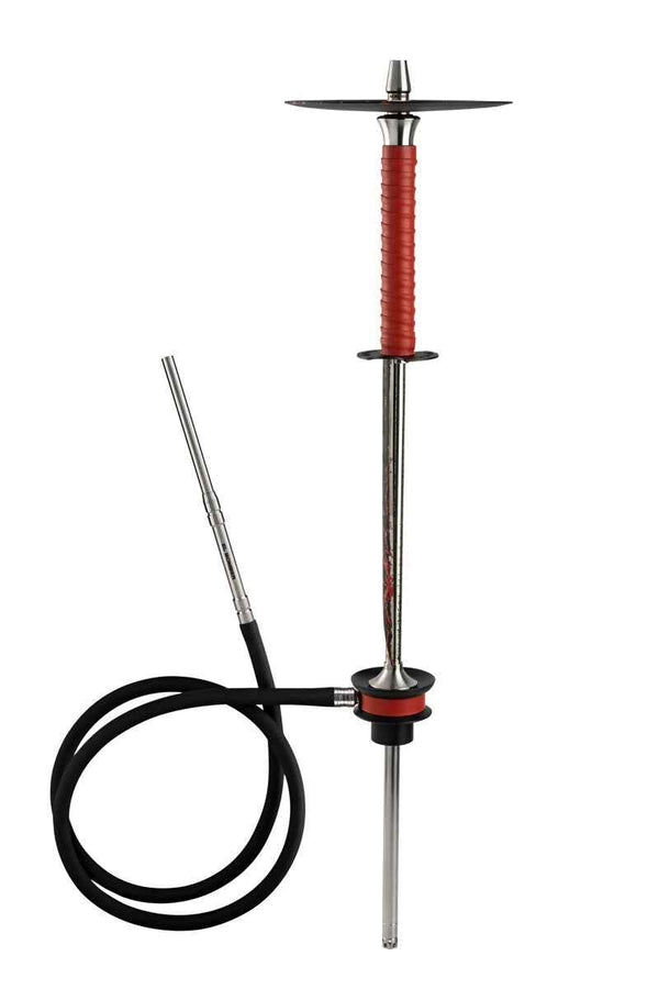 Modern black and red katana-style hookah with hose and metal stem on white background
