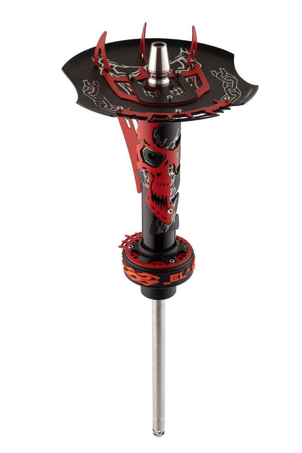 Red and black 4x4 hookah stem with skull and flame design, metal tray, and intricate details.