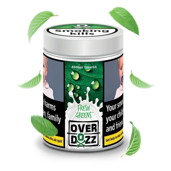 Overdozz Fresh Greens hookah tobacco container with green leaves and health warnings