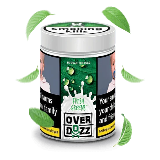 Overdozz Fresh Greens hookah tobacco tub with mint leaves and health warning labels