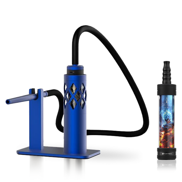 Modern blue shisha pipe with hose and separate flavored vape device on white background