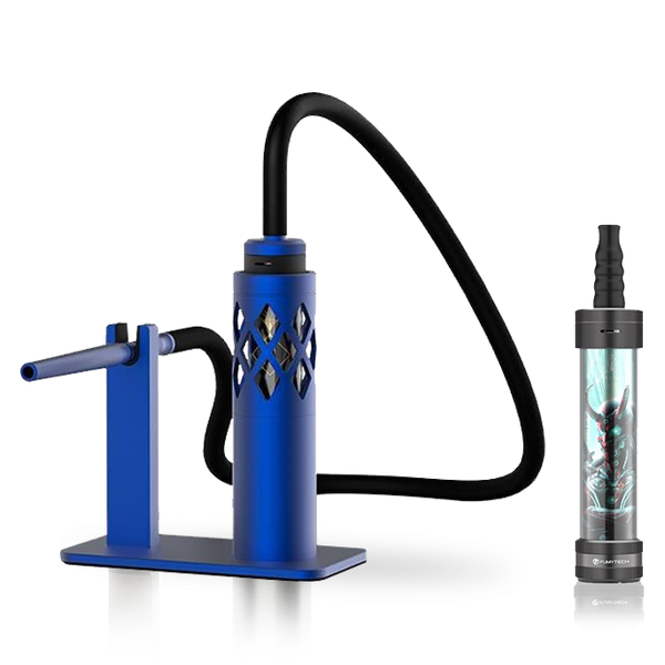 Modern blue hookah with black hose and silver accents beside a compact portable shisha pipe