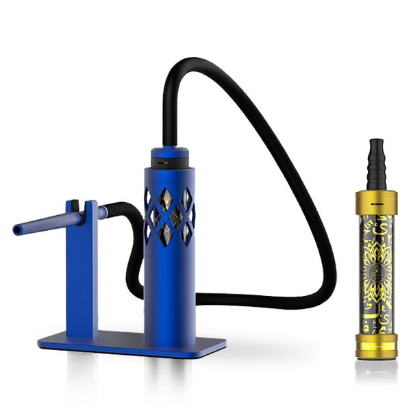 Modern blue hookah with decorative cutouts and black hose, next to a gold and black shisha pipe.