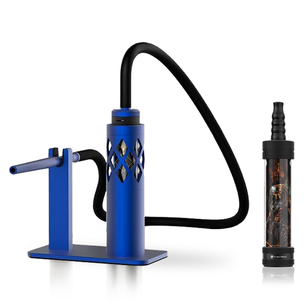 Modern blue shisha pipe with black hose and portable vape pen, side by side on white background