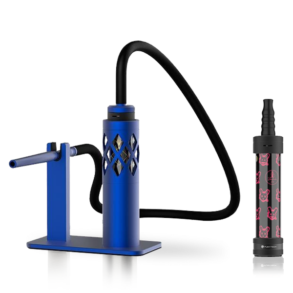 Modern blue shisha pipe with black hose and stylish patterned portable hookah