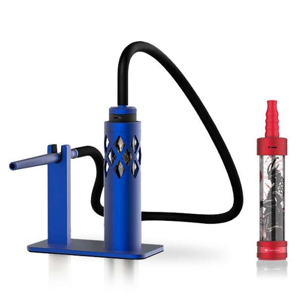 Modern blue portable shisha pipe with hose and compact red hookah, tabletop setup