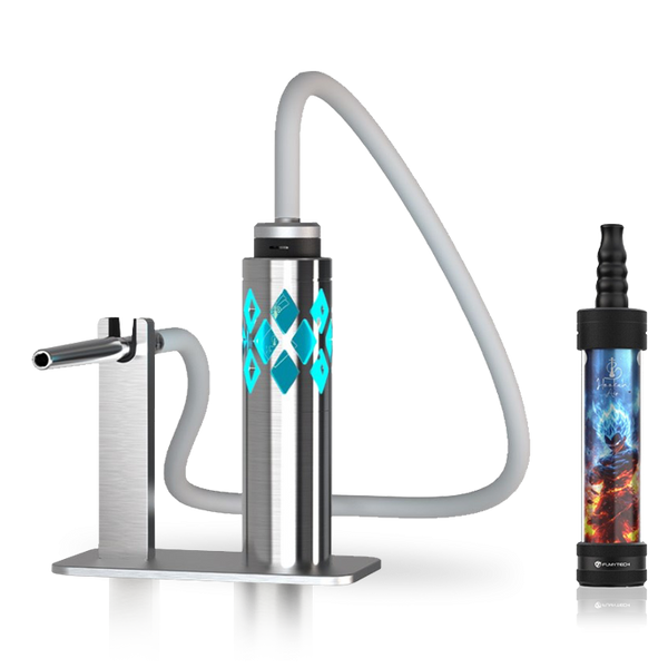 Modern stainless steel hookahs with illuminated accents and sleek, artistic designs