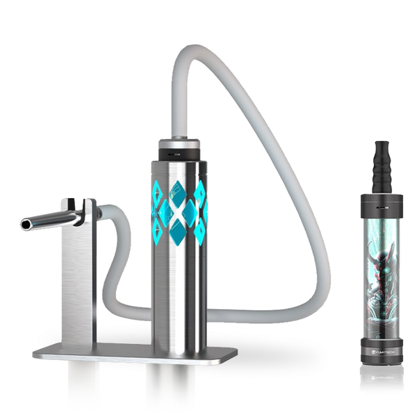 Modern stainless steel hookah with blue diamond LED accents and a futuristic portable hookah device