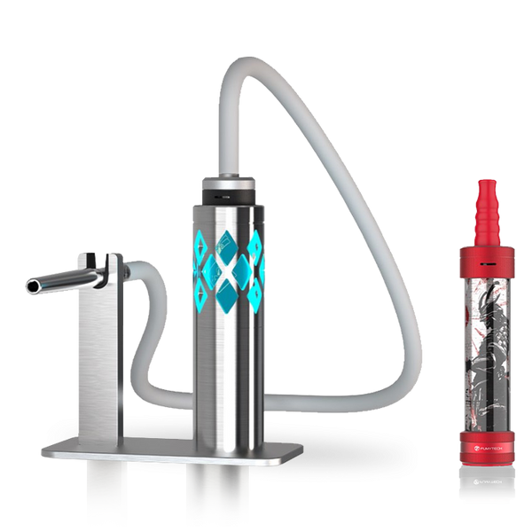 Modern stainless steel shisha pipe with blue LED lights and a red portable shisha next to it