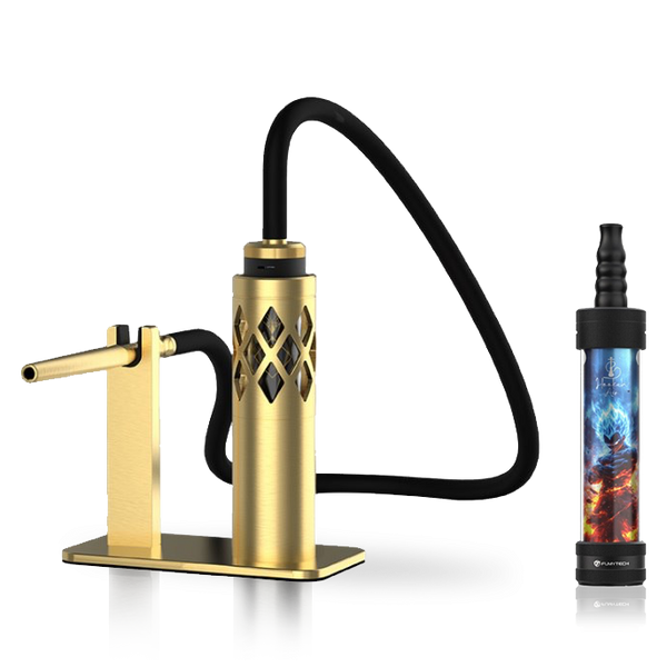 Modern gold hookah with black hose and artistic vape pen side by side on white background