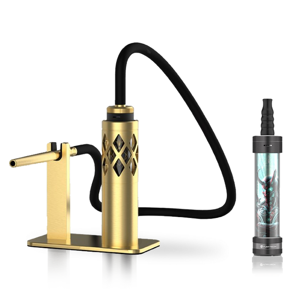 Modern gold hookah set with black hose and compact portable shisha device
