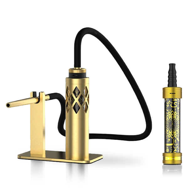 Modern gold hookah with black hose and matching ornate accessory on white background
