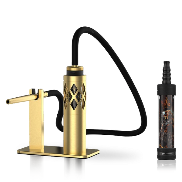 Modern gold hookah set with black hose and decorative smoking accessory