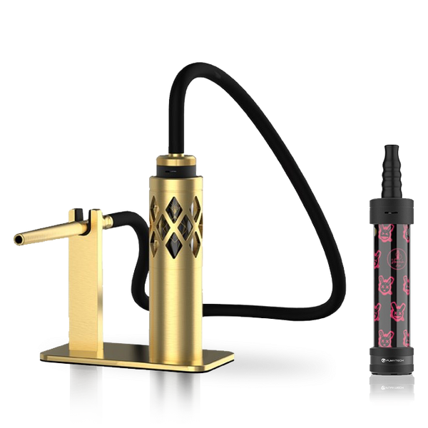 Modern gold hookah set with black hose and a compact portable shisha device