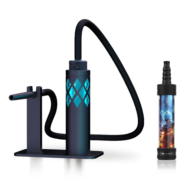Modern black shisha pipe with blue LED accents and a colorful shisha accessory