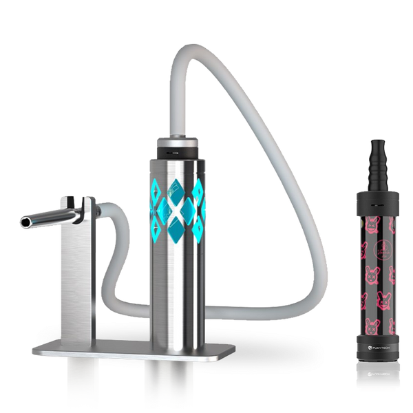 Modern stainless steel shisha with blue diamond accents and a stylish hookah vape pen