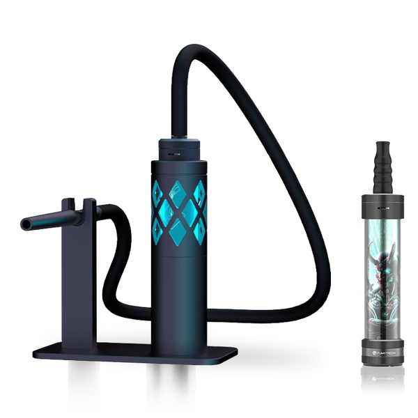 Modern shisha pipes with sleek black design and blue LED accents, side by side