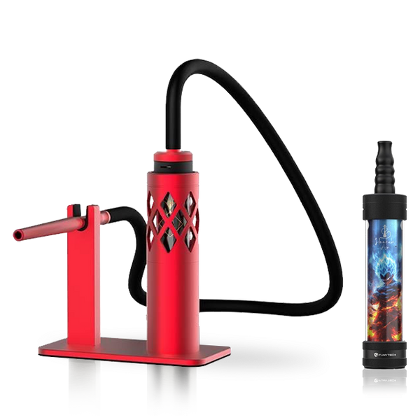 Modern red shisha pipe with black hose and colorful shisha accessory on white background