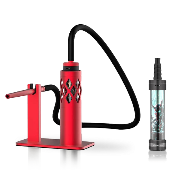 Modern desktop shisha pipes, one red with diamond cutouts and hose, one with printed glass body
