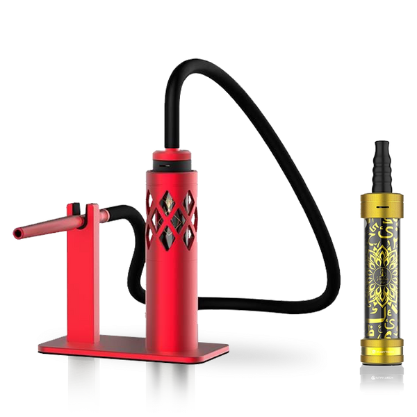 Modern red hookah with diamond cutouts and black hose next to a gold and black shisha mouthpiece