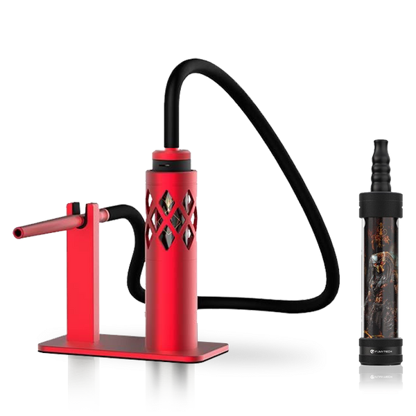 Modern red shisha pipe with black hose next to a compact portable hookah.