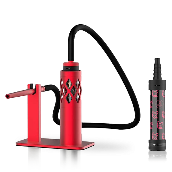 Red modern shisha pipe set with black hose and matching patterned mouthpiece