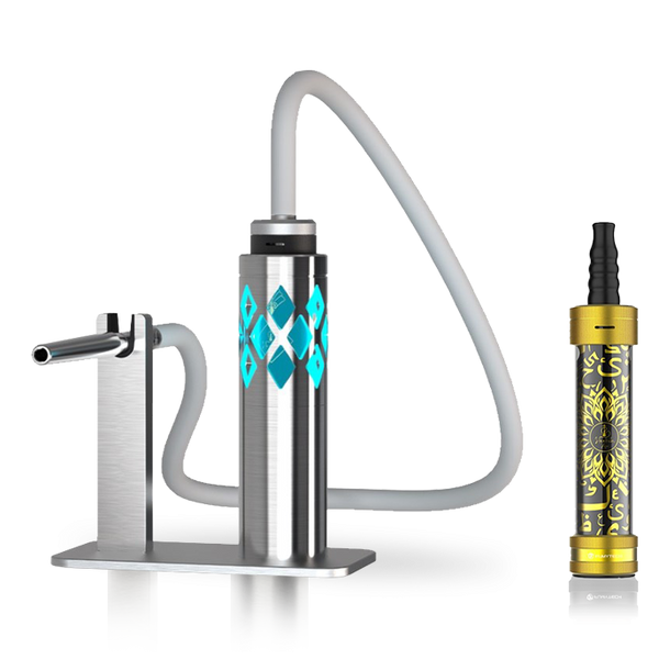 Modern stainless steel shisha pipe with blue geometric design and portable gold hookah device