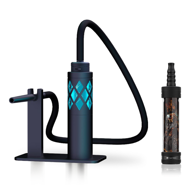 Modern black shisha pipe with blue LED lights and a transparent portable hookah device