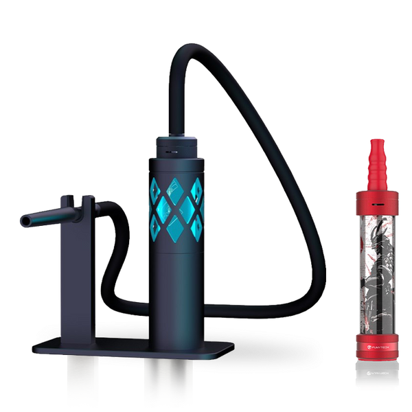 Modern hookah with LED lights and sleek design next to a red, portable shisha device