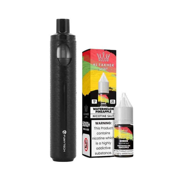 Black vape device with Al Fakher watermelon pineapple nicotine salt e-liquid and packaging