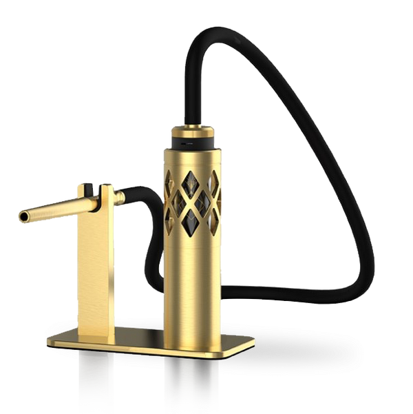 Modern gold hookah with black hose and geometric cutout design, isolated on white background