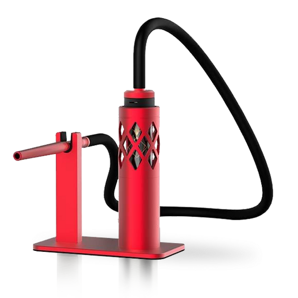 Modern red portable shisha pipe with black hose and geometric cutout design