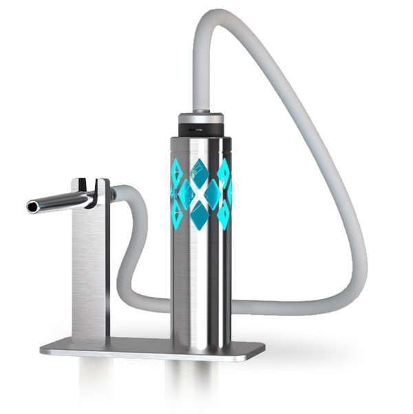 Modern silver hookah with blue diamond accents and a flexible hose on a metal base