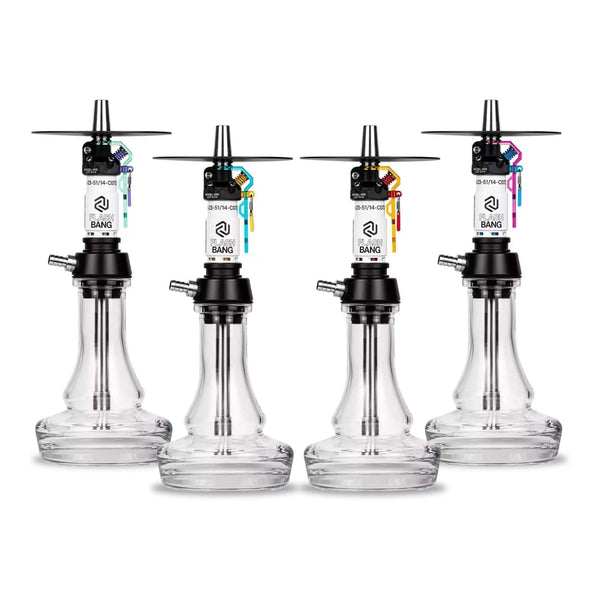 Four clear glass shisha pipes with unique colored attachments against a white background.