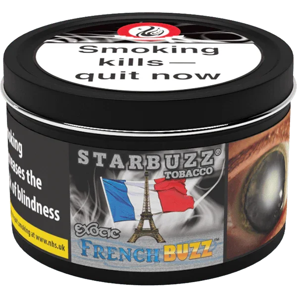 Starbuzz French Buzz shisha tobacco tin with French flag, Eiffel Tower, health warning on lid