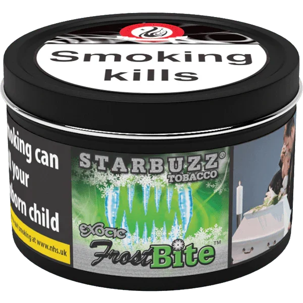 Starbuzz FrostBite 100g shisha tobacco tin with health warning labels and icy design