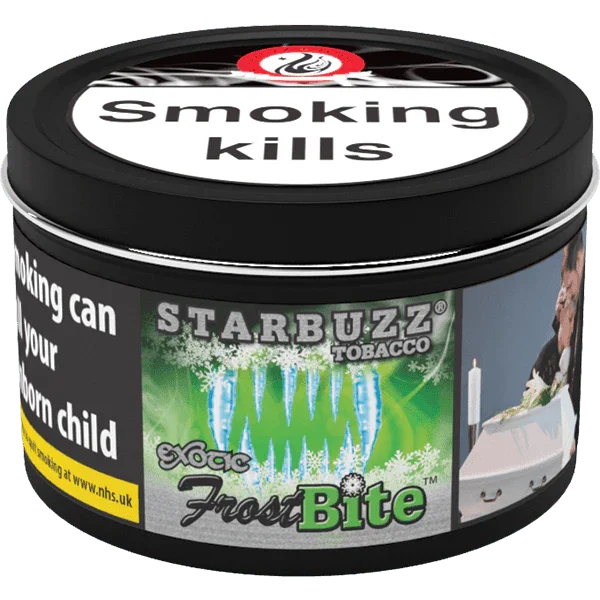 Starbuzz FrostBite tobacco tin with health warning label and green icy design