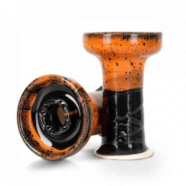 Orange and black ceramic hookah bowl with rook-style design on white background