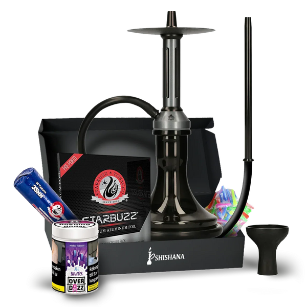 Black shisha pipe kit with accessories including tobacco, foil, mouth tips, and charcoal