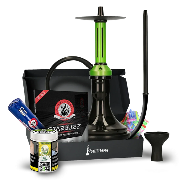 Modern green hookah set with hose, tobacco, accessories, and Shishana branded box