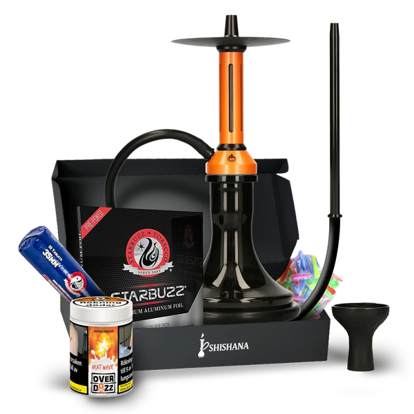Modern orange and black hookah set with accessories, hose, bowl, foil, and charcoal.