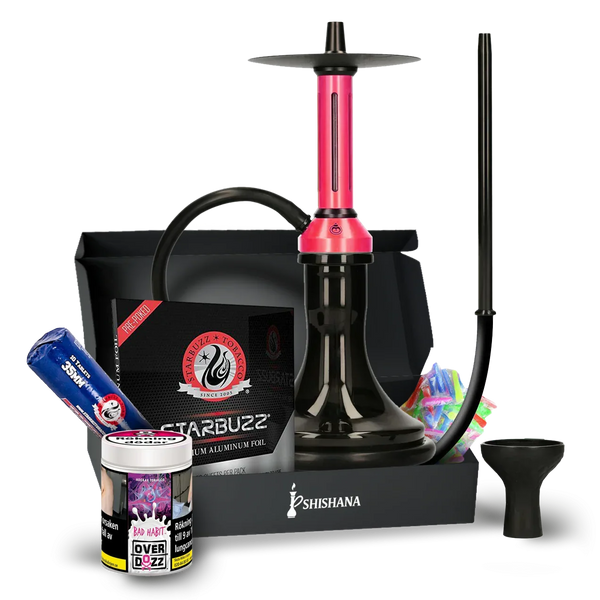 Modern pink and black shisha hookah set with accessories, tobacco, foil, hose, and mouth tips.