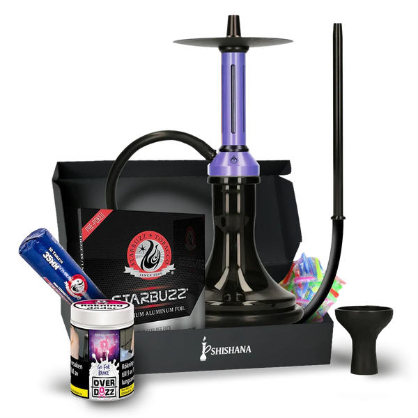 Purple hookah kit with accessories, tobacco, foil, hose, and bowl on display