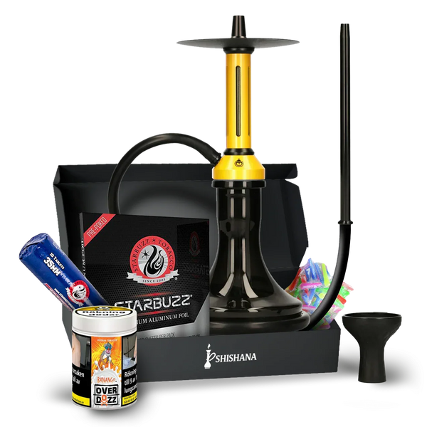 Yellow hookah set with hose, bowl, charcoal, foil, mouth tips, and tobacco accessories