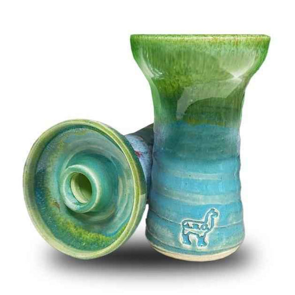 Ceramic shisha bowl in blue and green with alpaca logo, hookah accessory on white background