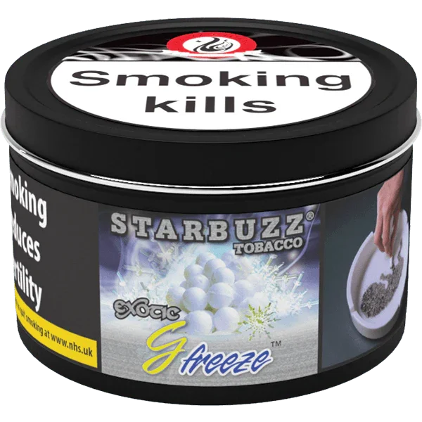 Starbuzz G Freeze tobacco tin with smoking kills warning label, shisha flavour product