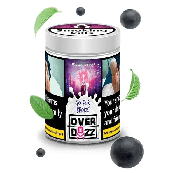 Overdozz Go For Broke hookah tobacco tin with warning labels, surrounded by berries and mint leaves.