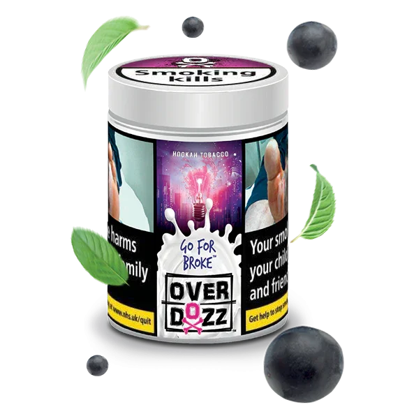 Overdozz Go For Broke shisha tobacco container with blueberries and mint leaves