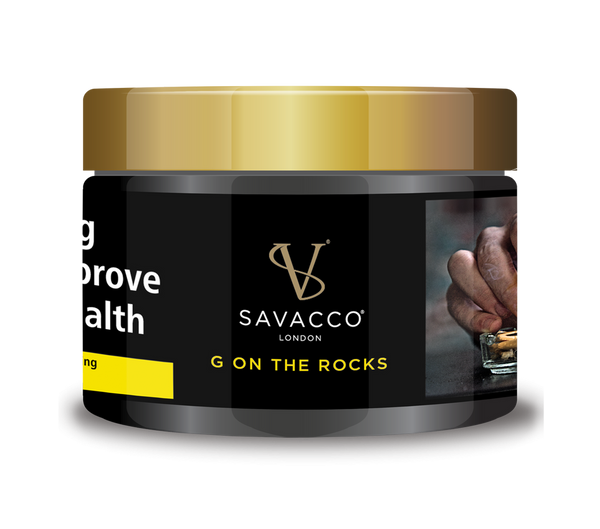Savacco G On The Rocks 50g jar with gold lid and hand holding glass, shisha flavour packaging
