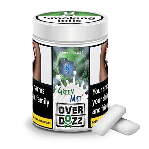 Overdozz Green Mist hookah tobacco jar with warning label and two white herbal sticks